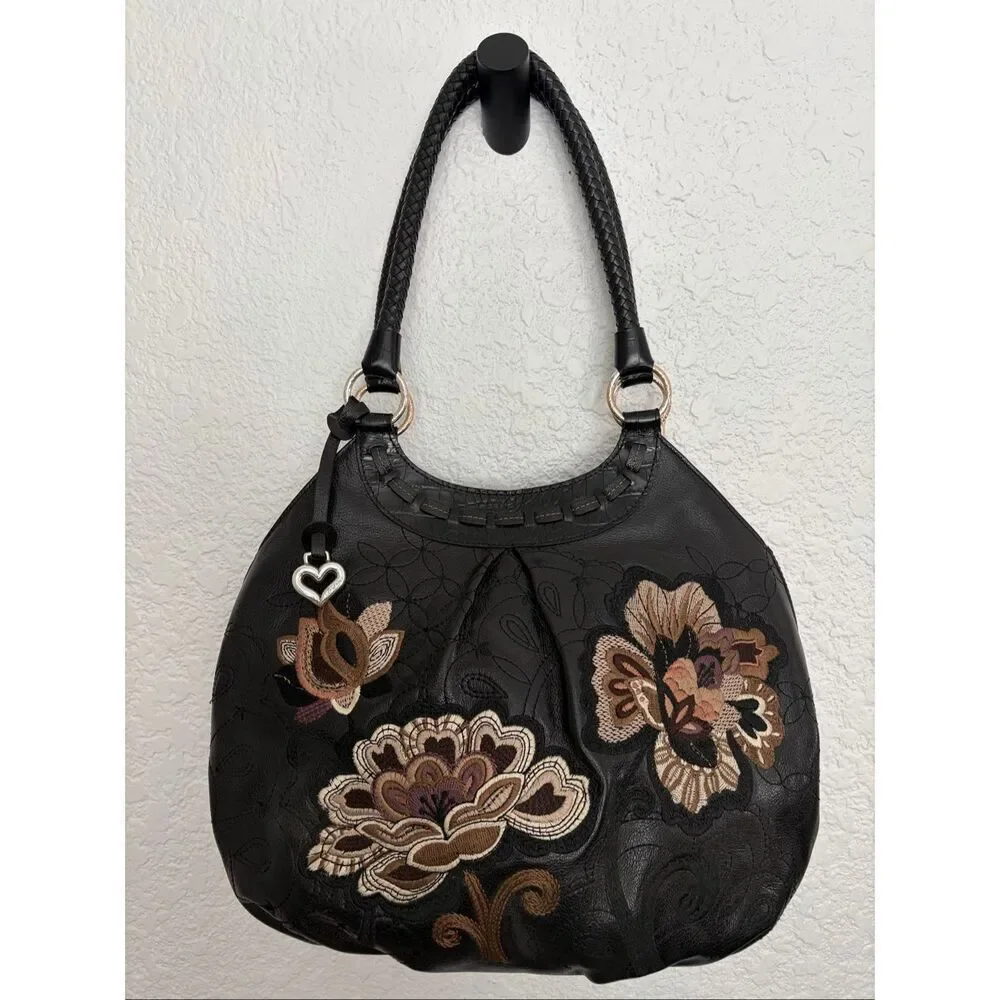 Brighton Valencia Black Leather Floral Embroidered Hobo Bag NWOT Heart Charm